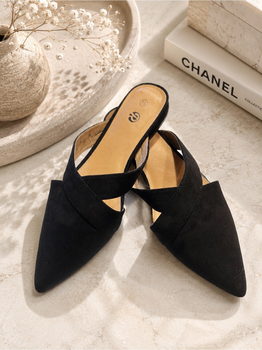 Women's Black Pointed-Toe Crisscross Slip-On Mules